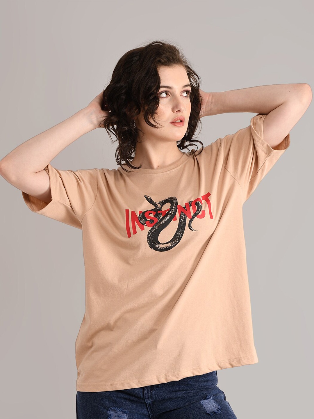 

ABSOLUTE DEFENSE Graphic Printed Drop-Shoulder Sleeves Oversized Pure Cotton T-shirt, Beige