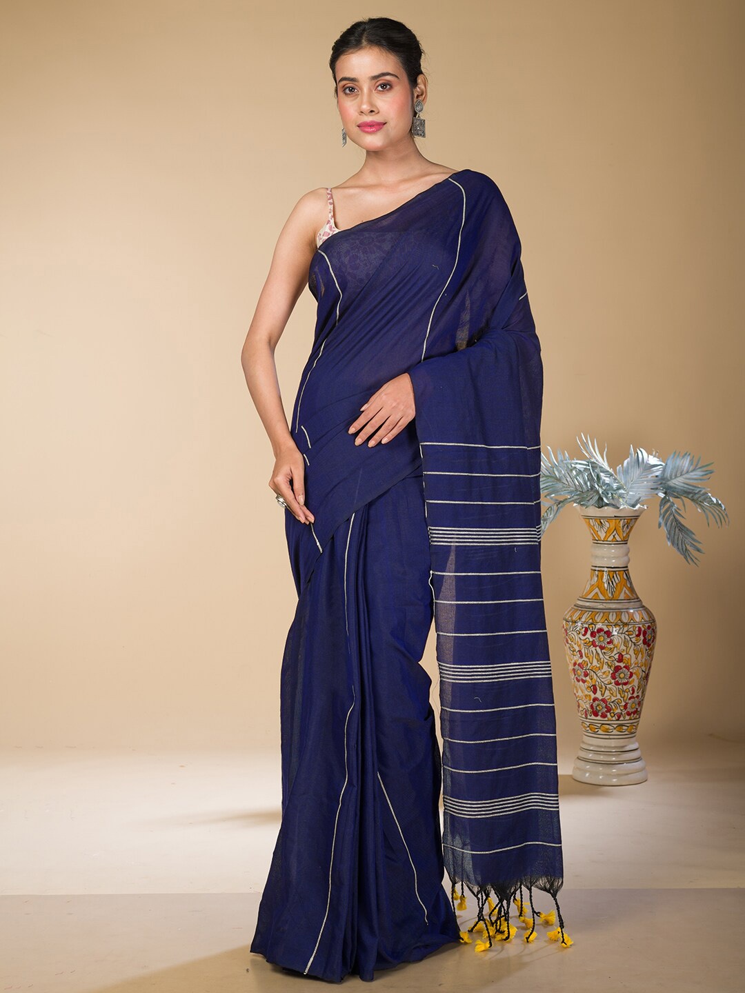 

HERE&NOW Horizontal Striped Khadi Saree, Blue