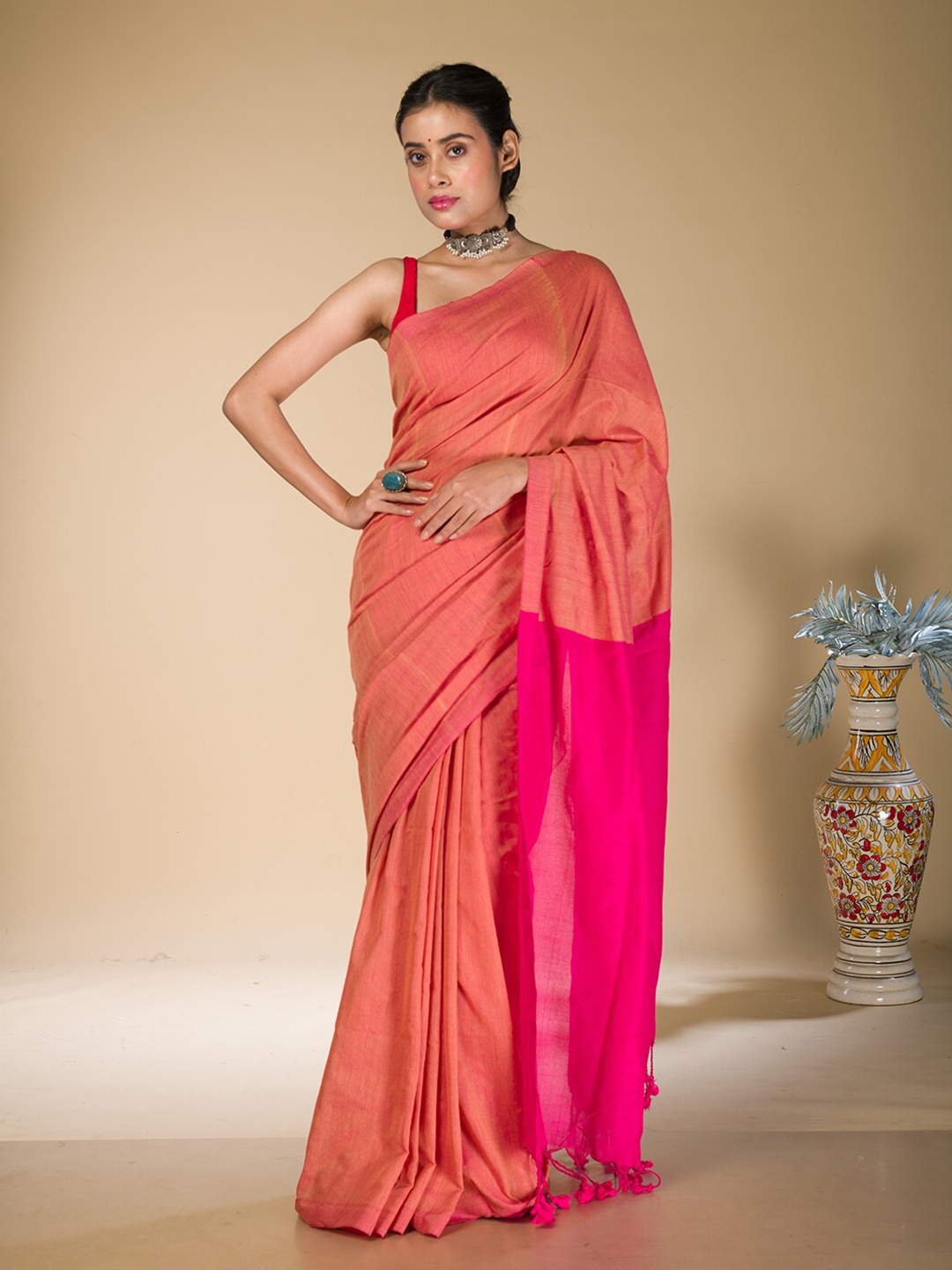 

HERE&NOW Solid Pure Cotton Saree, Orange