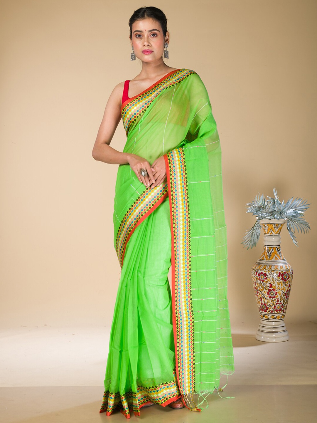 

HERE&NOW Striped Festive Saree, Green