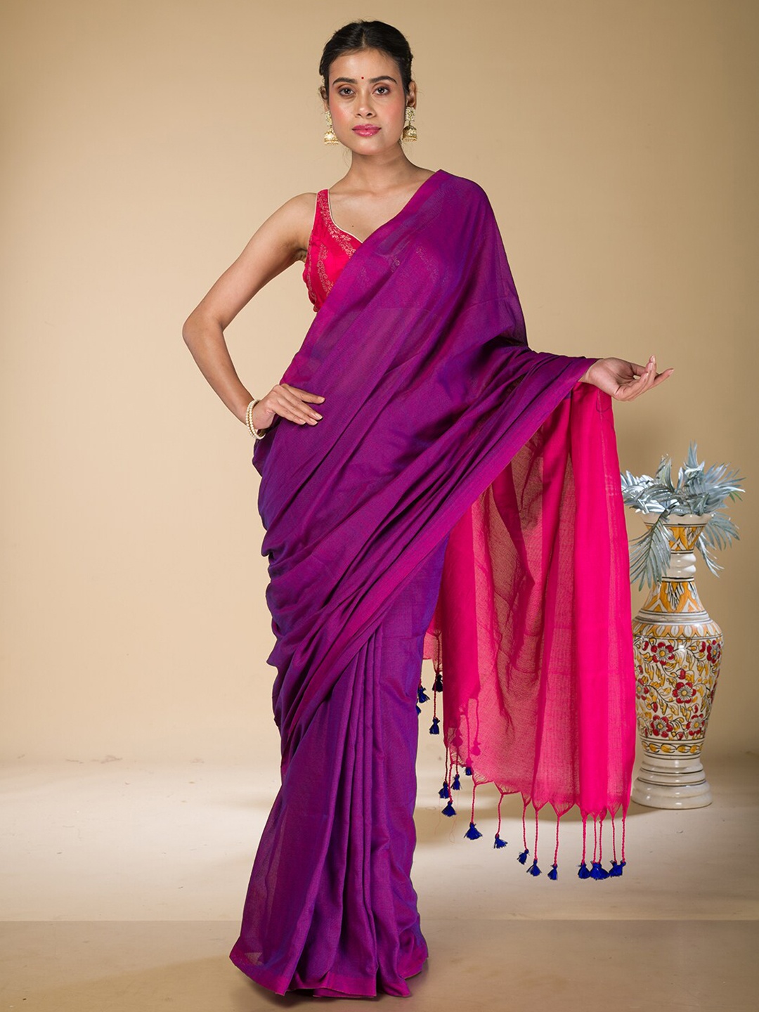 

HERE&NOW Pure Cotton Khadi Saree, Magenta