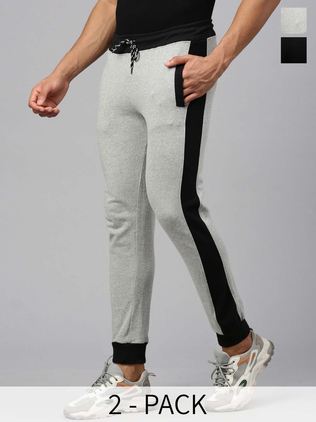 

MADSTO Men Pack Of 2 Cotton Slim-Fin Mid Rise Joggers, Black