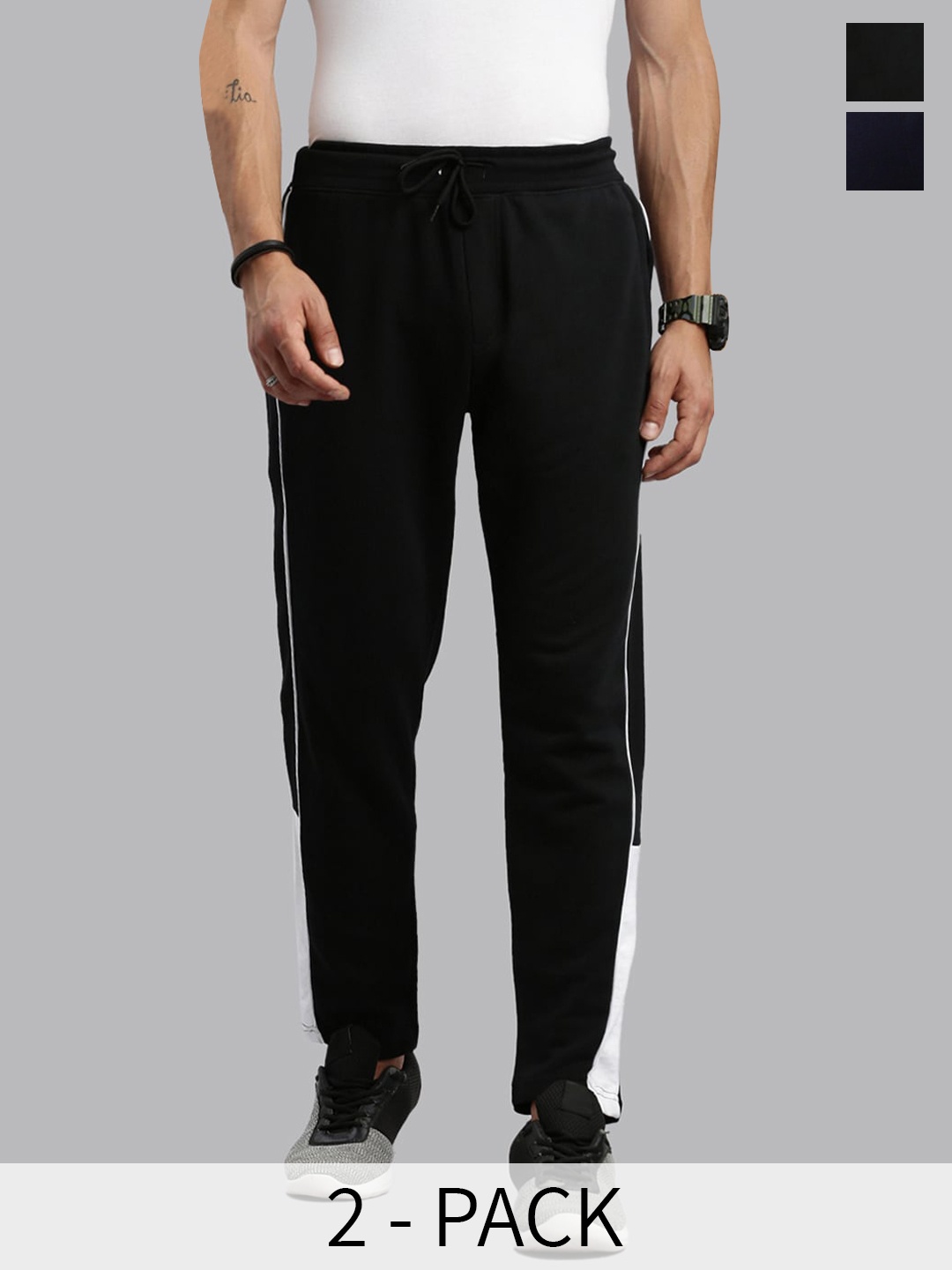 

MADSTO Men Pack Of 2 Cotton Slim-Fit Mid Rise Joggers, Black