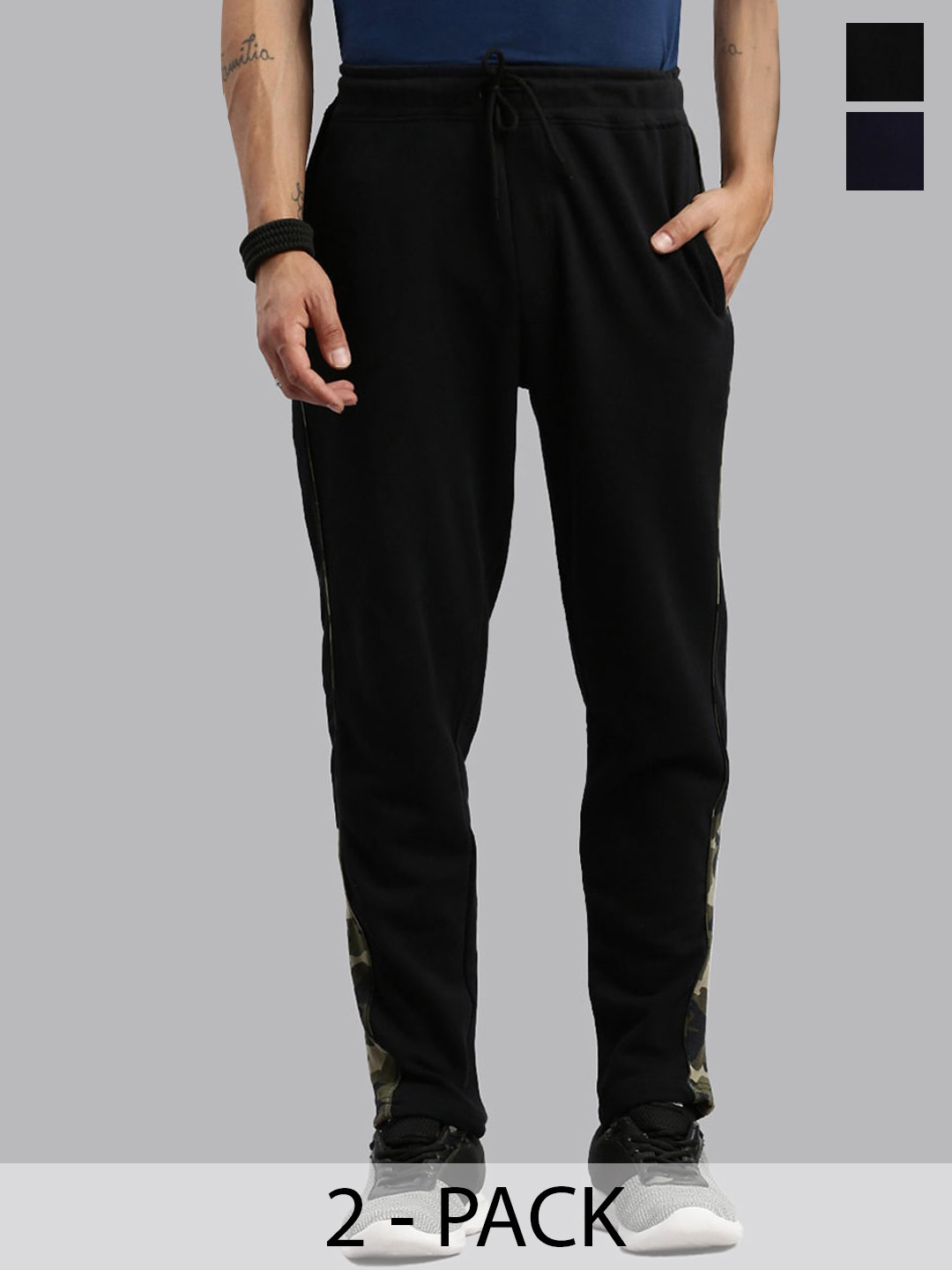 

MADSTO Men Pack Of 2 Slim-Fit Cotton Track Pants, Black