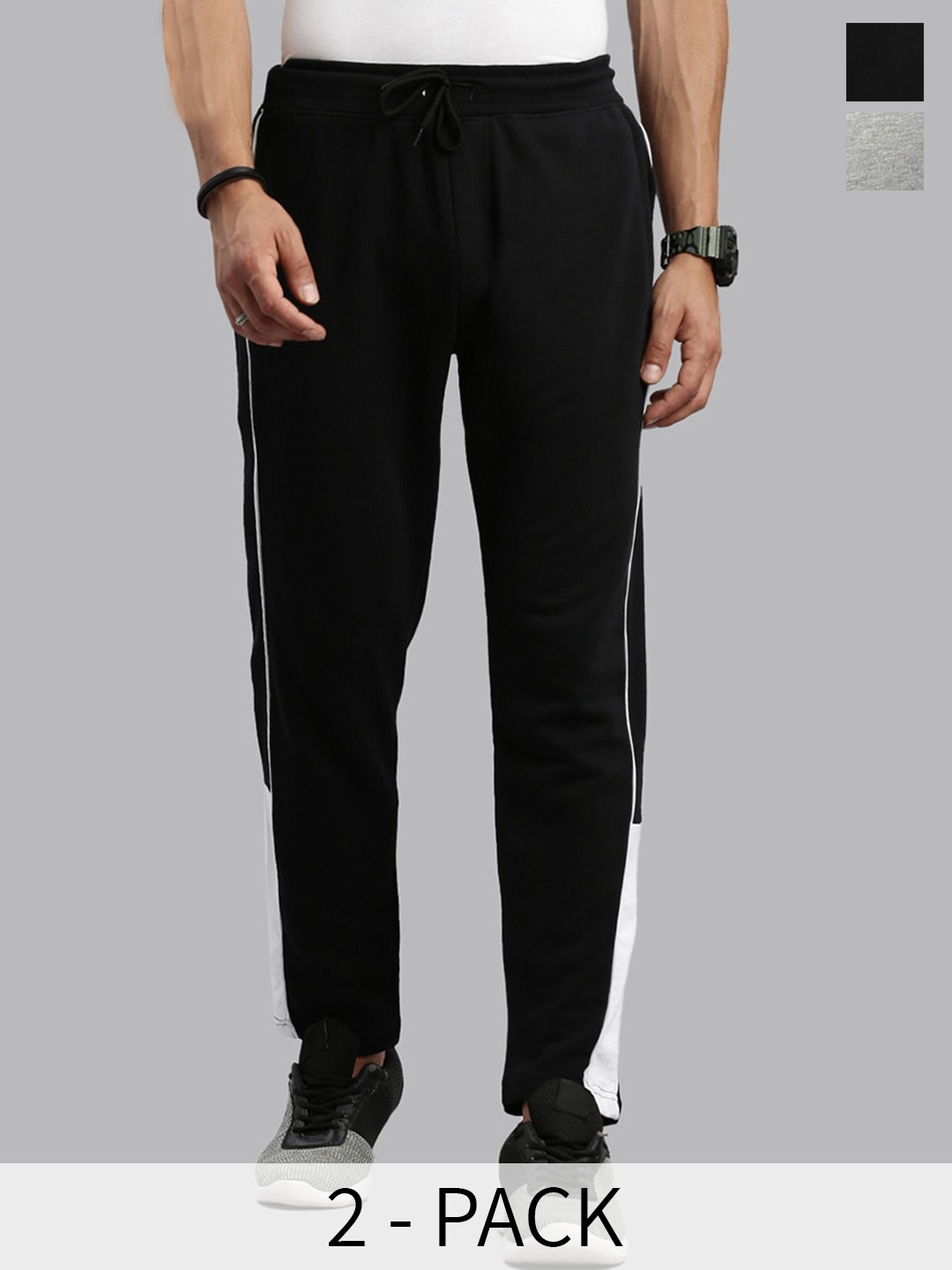 

MADSTO Men Pack Of 2 Cotton Slim-Fin Mid Rise Track Pants, Black