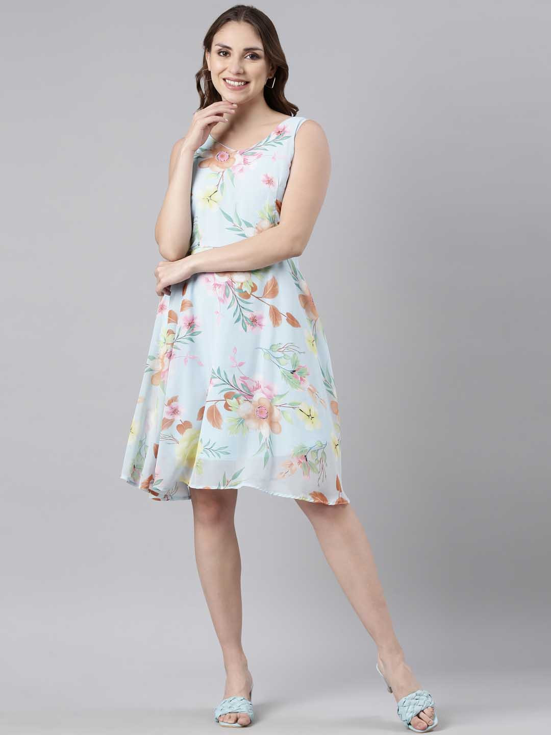 

TWIN BIRDS Floral Printed V-Neck Georgette Fit & Flare Dress, Blue