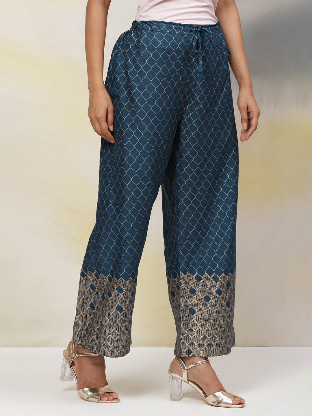 

Biba Geometric Printed Flared Ethnic Palazzos, Teal