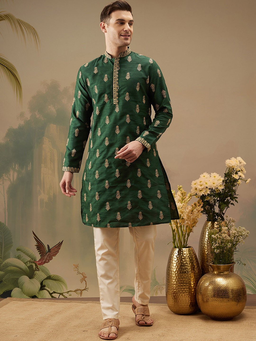 

Molly & Michel Ethnic Motifs Embroidered Thread Work Kurta With Pyjama, Green