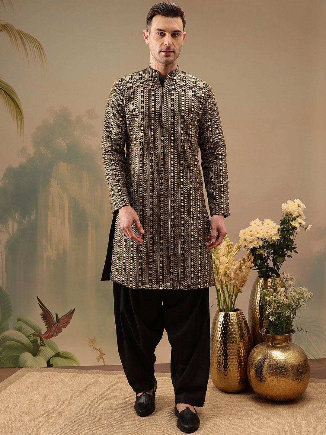 

Molly & Michel Geometric Embroidered Mirror Work Kurta With Salwar, Black