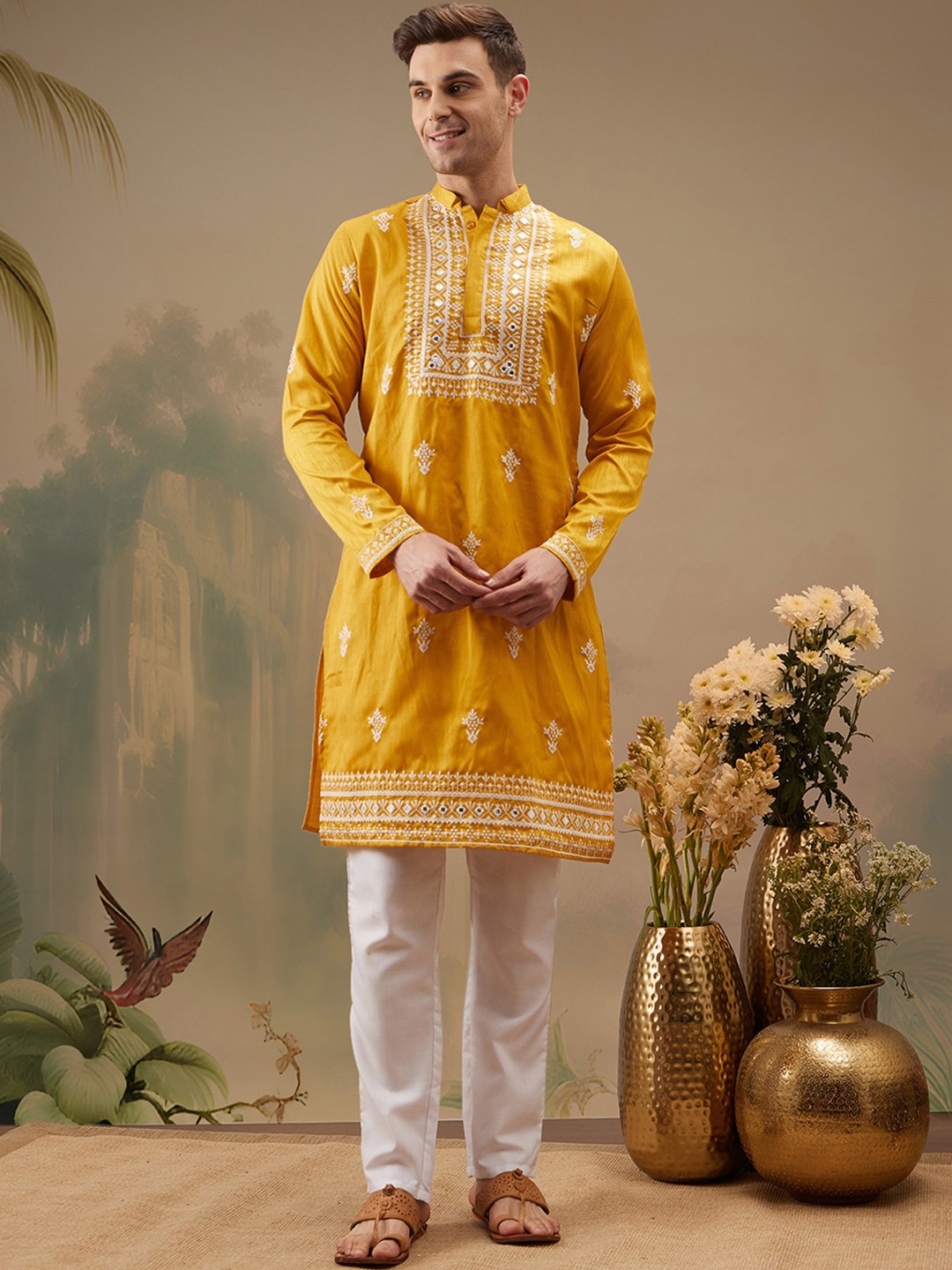 

Molly & Michel Ethnic Motifs Embroidered Thread Work Kurta With Pyjama, Yellow