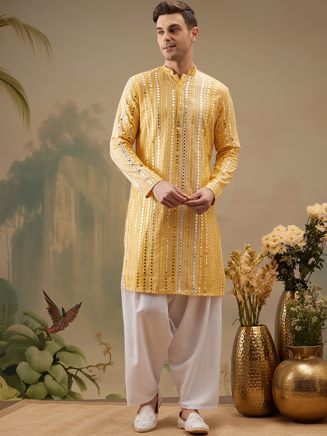 

Molly & Michel Geometric Embroidered Mirror Work Kurta With Salwar, Yellow