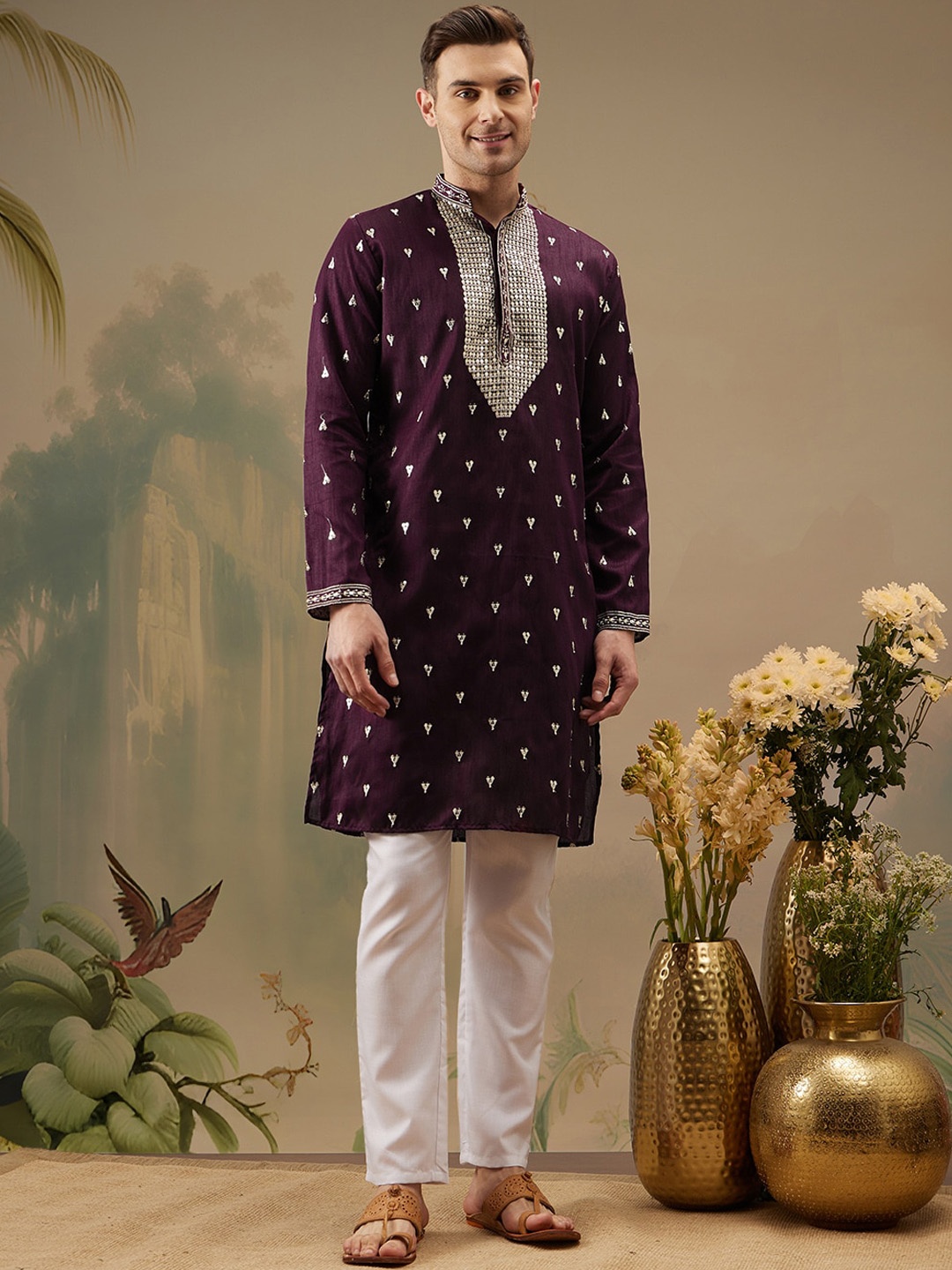 

Molly & Michel Floral Embroidered Sequinned Kurta With Pyjama, Maroon