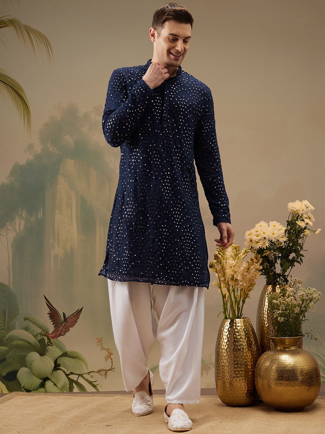 

Molly & Michel Geometric Embroidered Mirror Work Kurta With Salwar, Blue