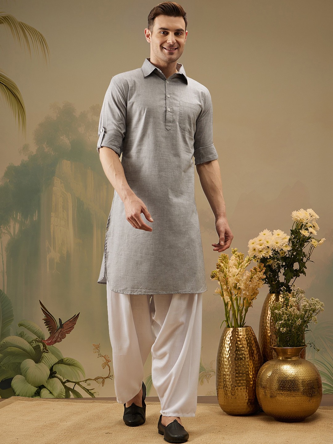 

Molly & Michel Shirt Collar Pathani Kurta With Salwar, Grey