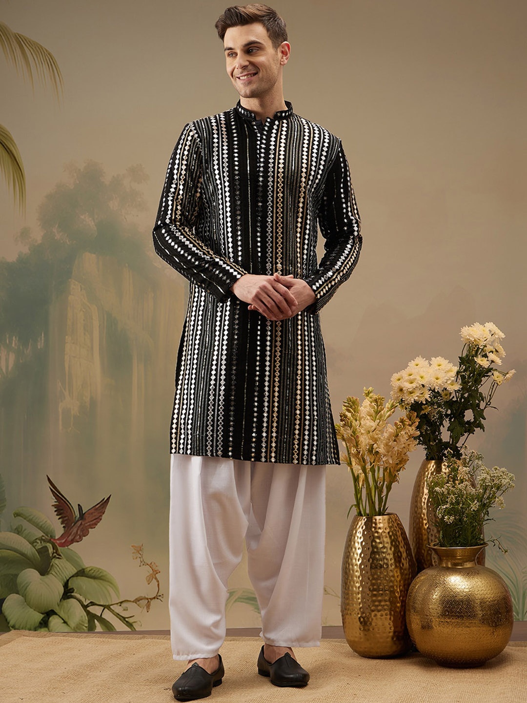 

Molly & Michel Men Embroidered Mandarin Collar Regular Mirror Work Kurta with Salwar, Black