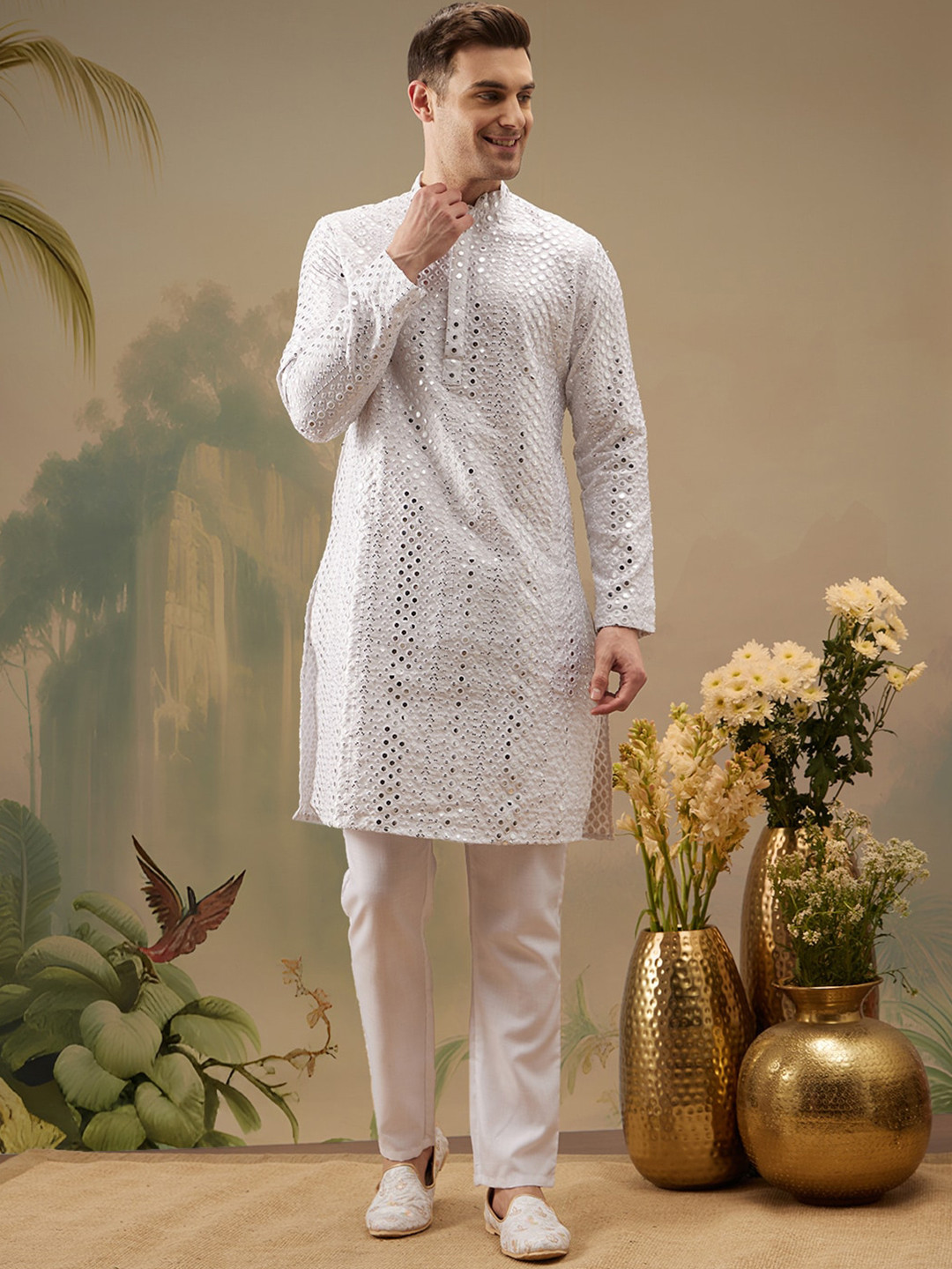 

Molly & Michel Ethnic Motifs Embroidered Regular Mirror Work Kurta with Pyjamas, White