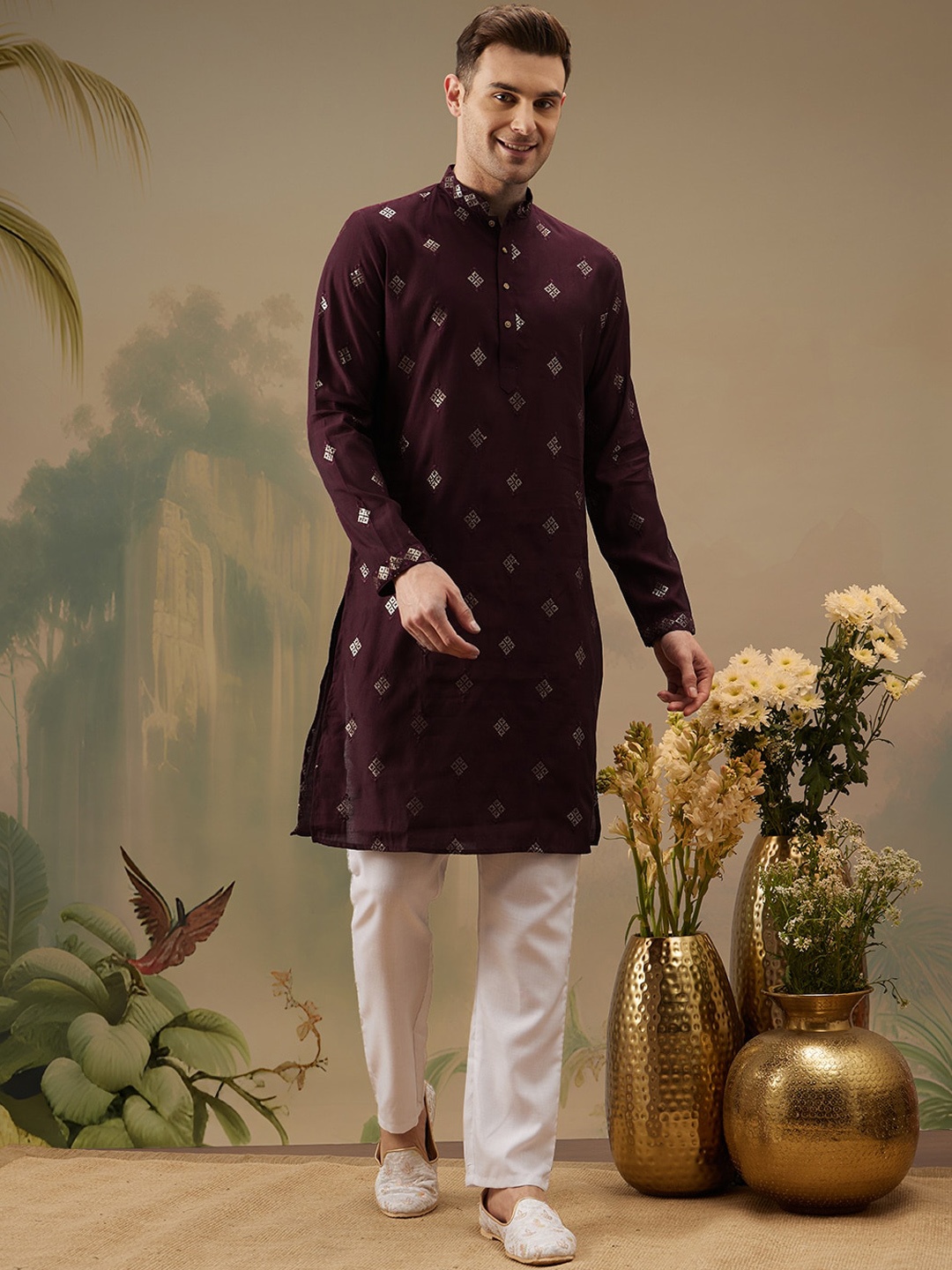 

Molly & Michel Ethnic Motifs Embroidered Regular Sequinned Kurta With Pyjamas, Maroon