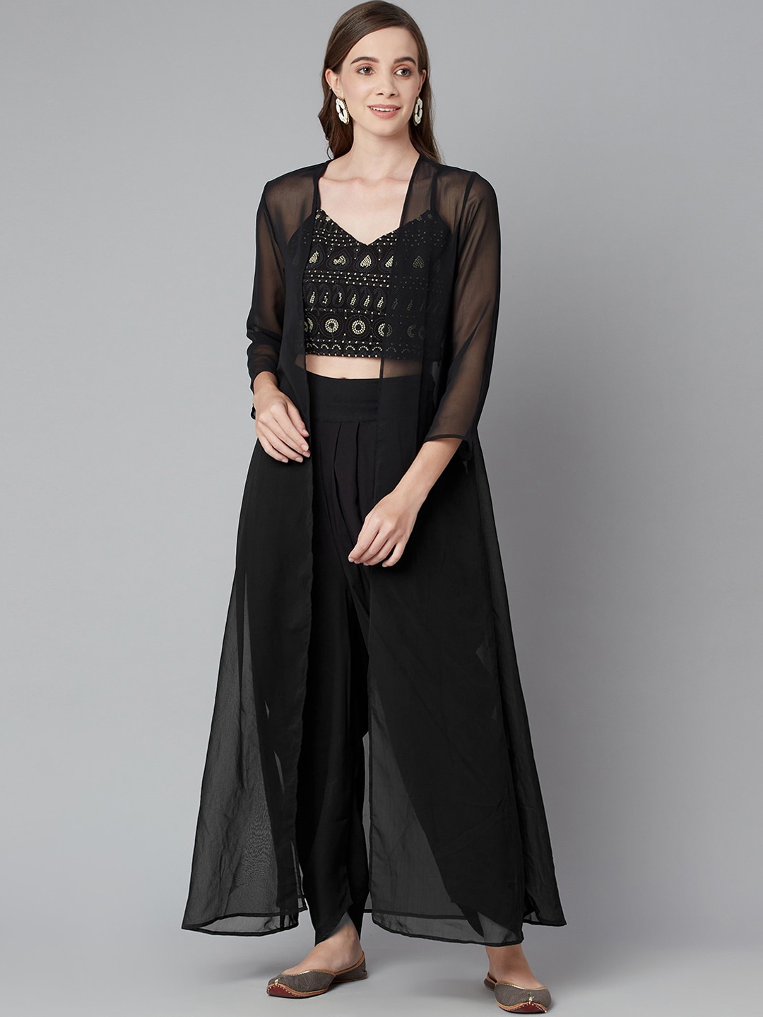 

Purple State Embroidered Crop Top With Dhoti Pant & Shurg, Black