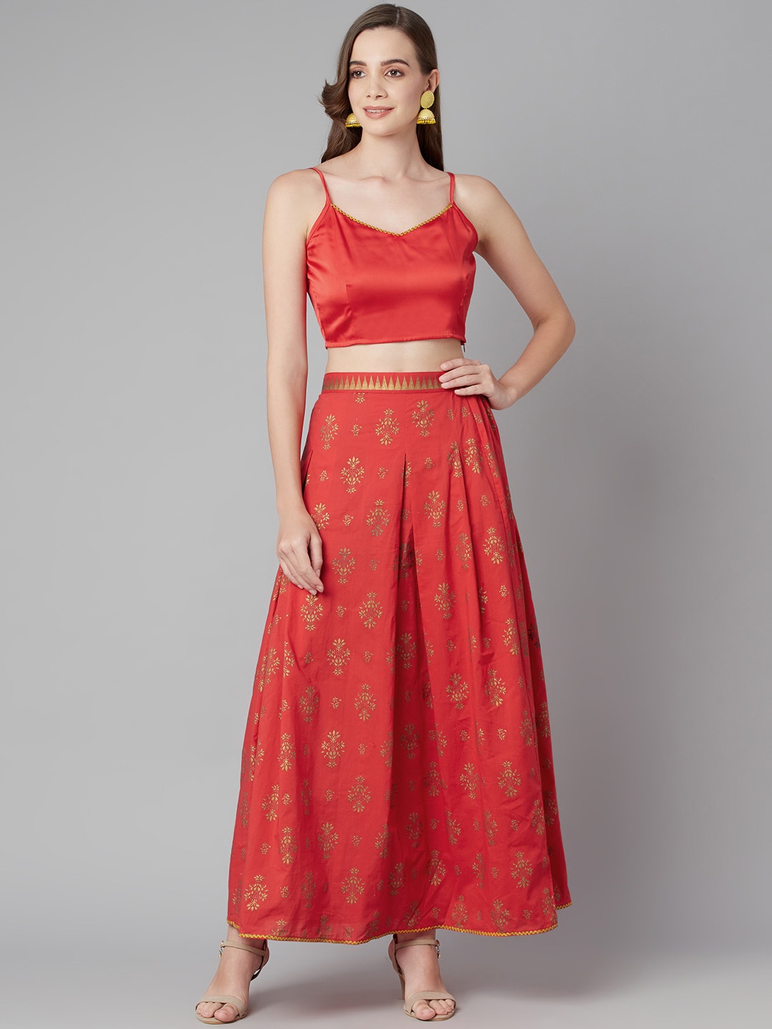 

Purple State Shoulder Straps Pure Cotton Crop Ethnic Top With Printed Skirt, Red