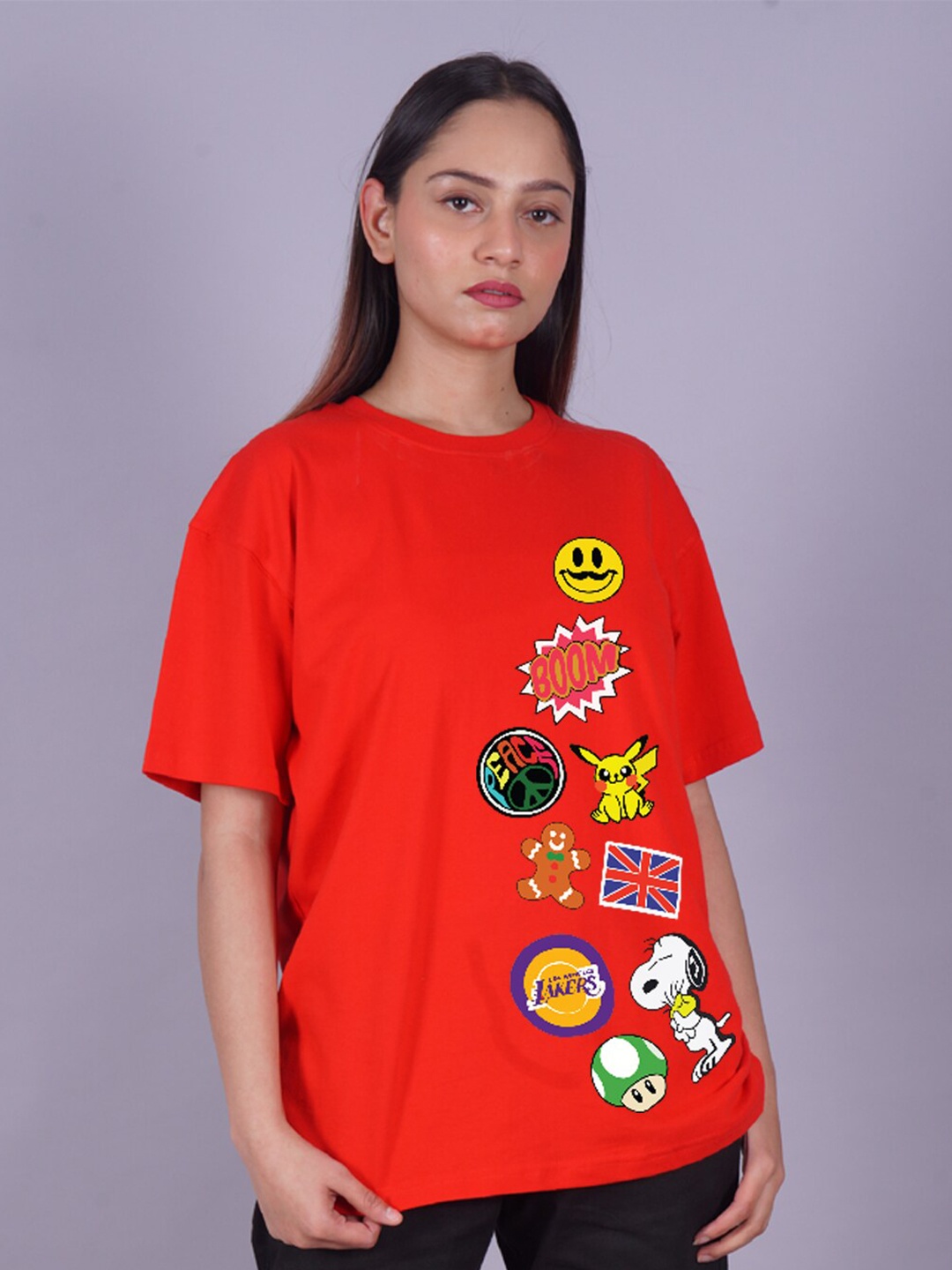 

VYVE Peanuts Printed Drop-Shoulder Sleeves Longline Oversized T-shirt, Red