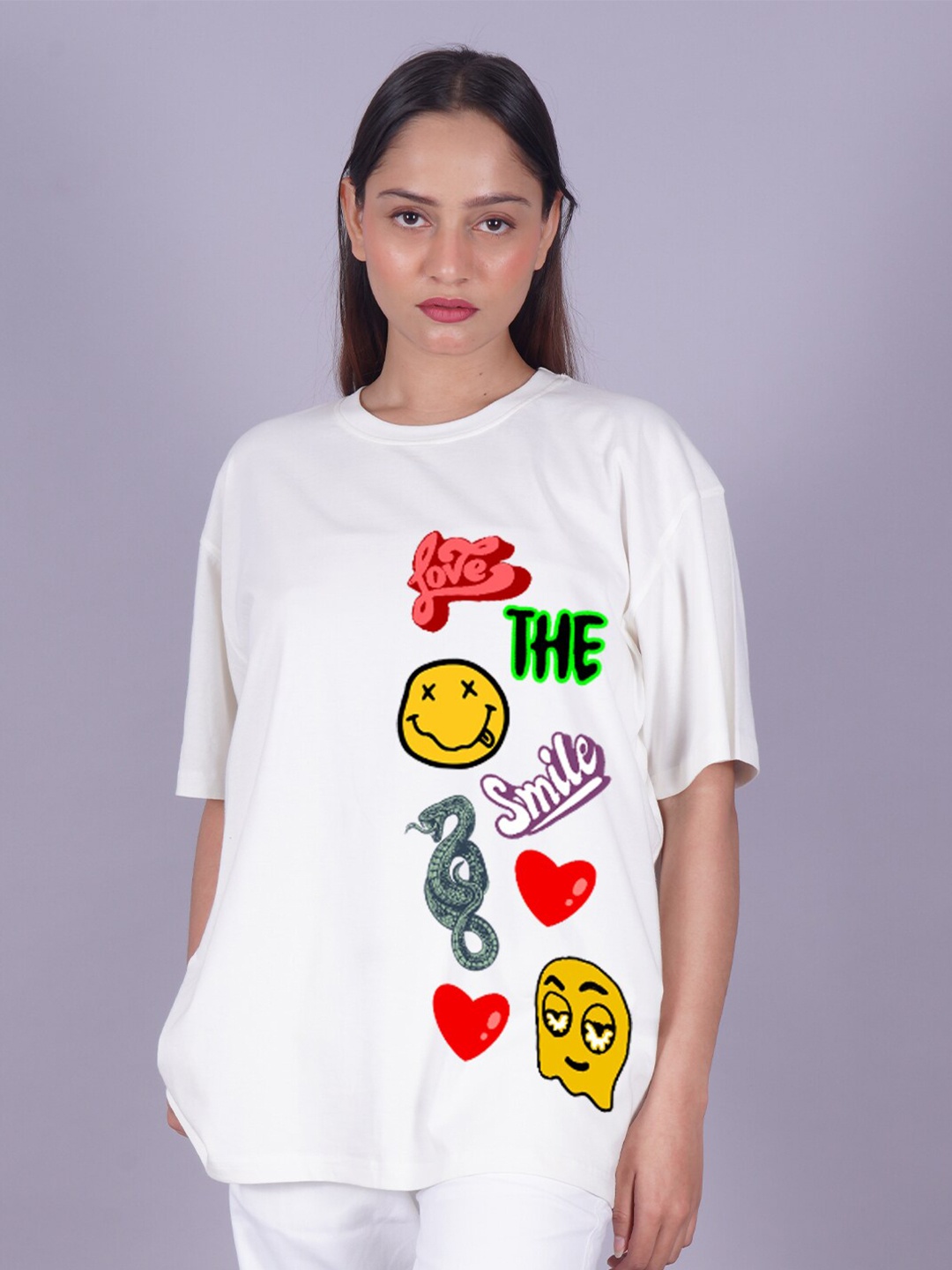 

VYVE Typography Printed Drop-Shoulder Sleeves Oversized Longline T-shirt, White