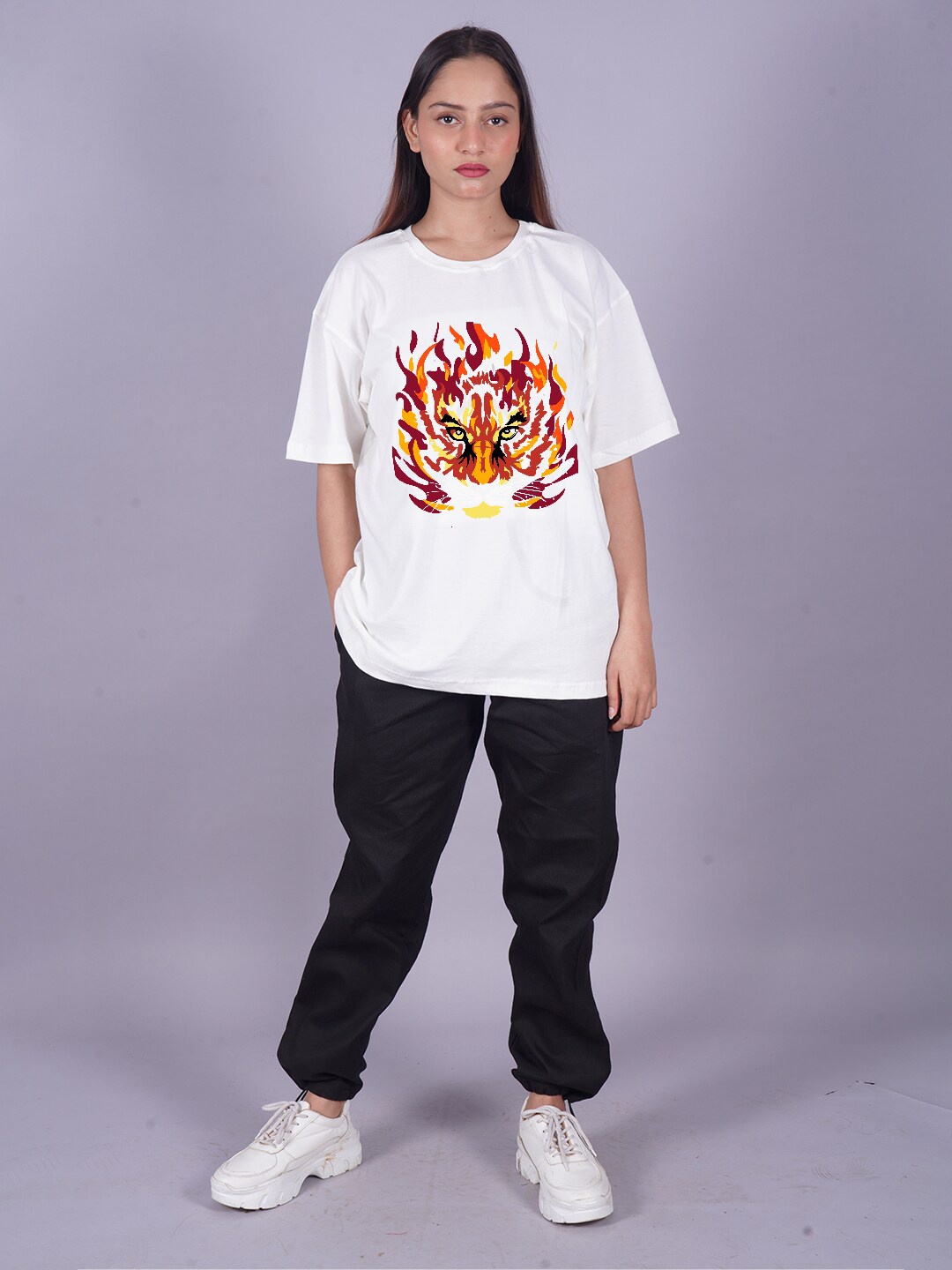 

VYVE Graphic Printed Drop-Shoulder Sleeves Oversized Longline T-shirt, White