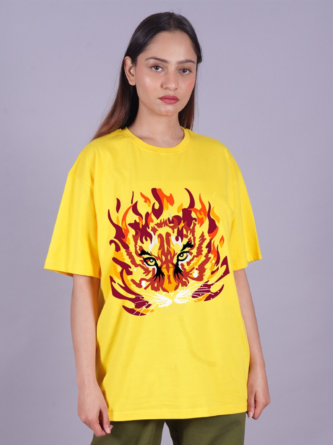 

VYVE Graphic Printed Drop-Shoulder Sleeves Oversized Longline T-shirt, Yellow