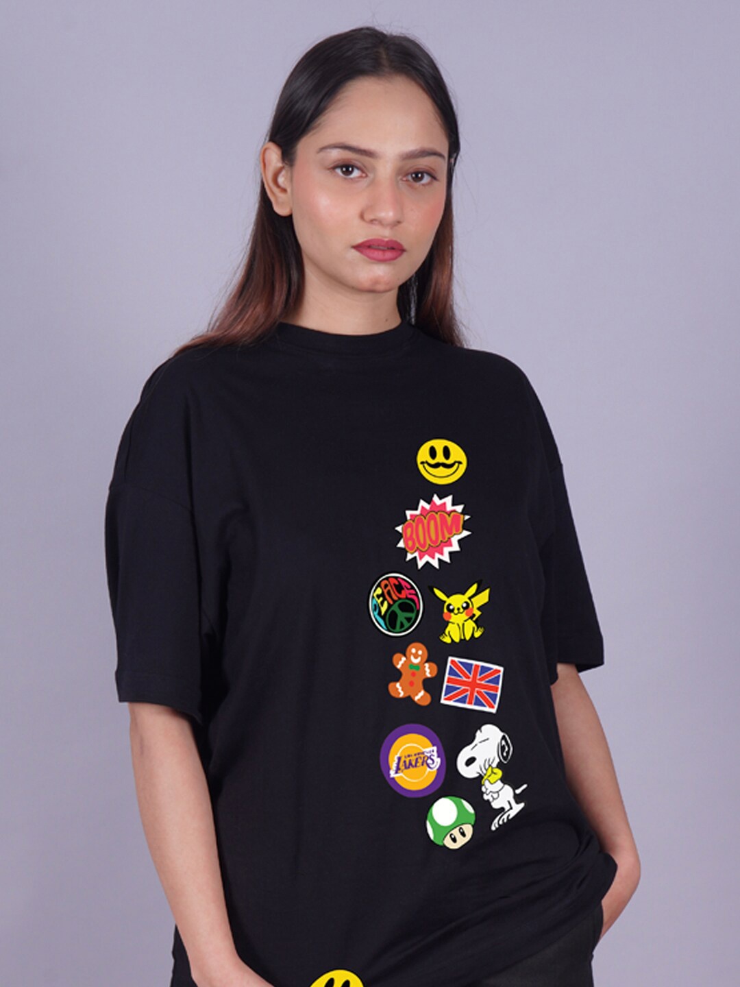 

VYVE Peanuts Printed Drop-Shoulder Sleeves Oversized Longline T-shirt, Black