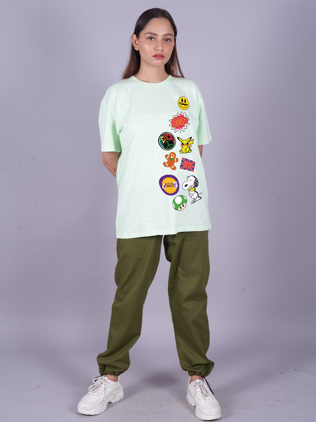 

VYVE Peanuts Printed Drop-Shoulder Sleeves Oversized Longline T-shirt, Sea green