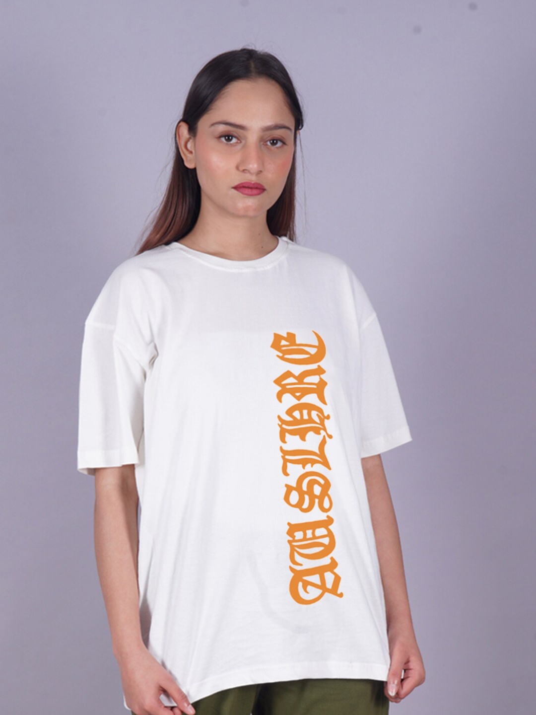 

VYVE Typography Printed Drop-Shoulder Sleeves Oversized Longline T-shirt, White