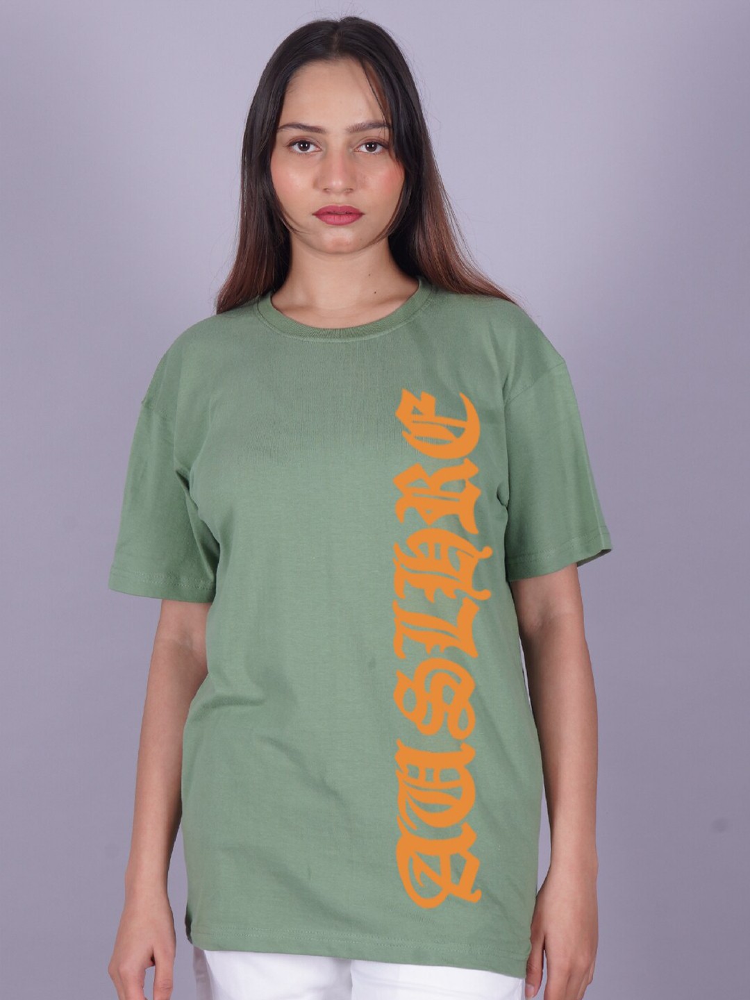 

VYVE Typography Printed Drop-Shoulder Sleeves Oversized Longline T-shirt, Olive