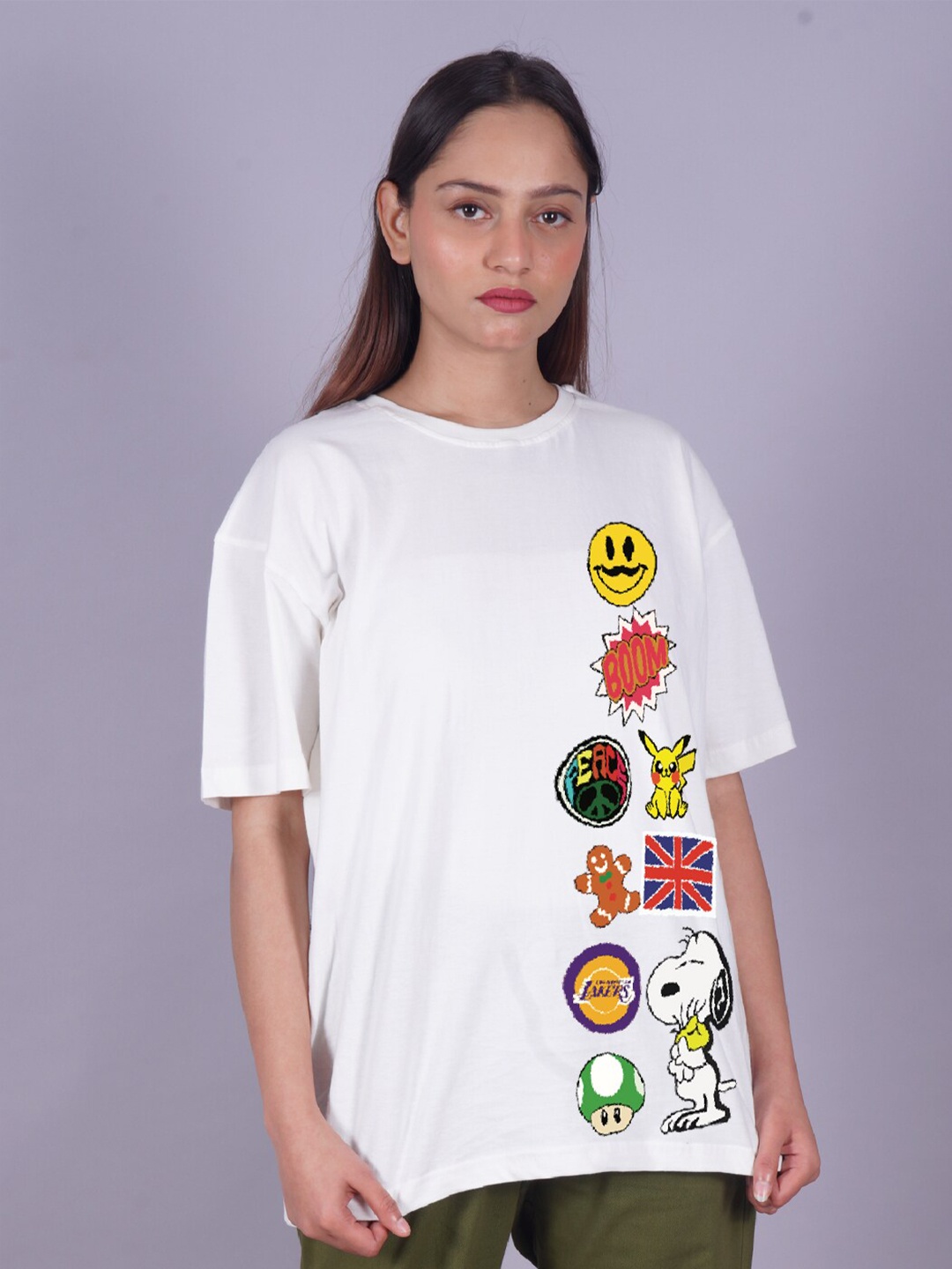 

VYVE Peanuts Printed Drop-Shoulder Sleeves Oversized Longline T-shirt, White
