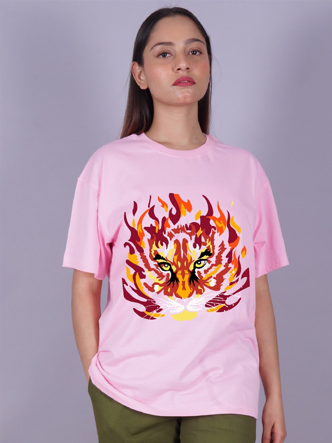 

VYVE Graphic Printed Drop-Shoulder Sleeves Longline Oversized T-shirt, Pink