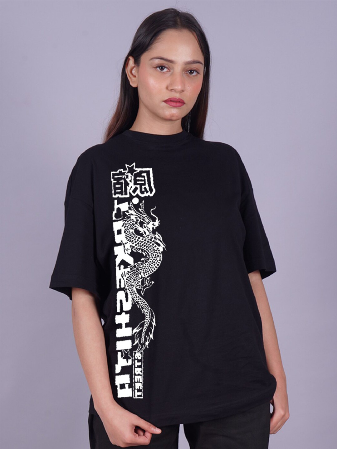 

VYVE Typography Printed Drop-Shoulder Sleeves Oversized Longline T-shirt, Black