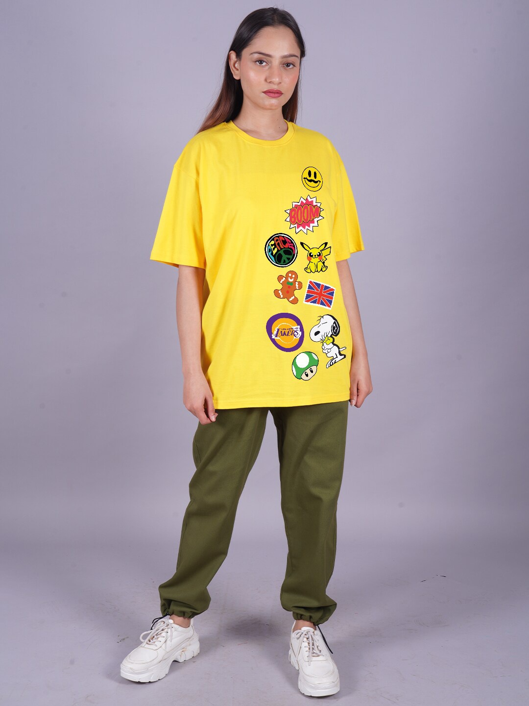 

VYVE Peanuts Printed Drop-Shoulder Sleeves Longline Oversized T-shirt, Yellow