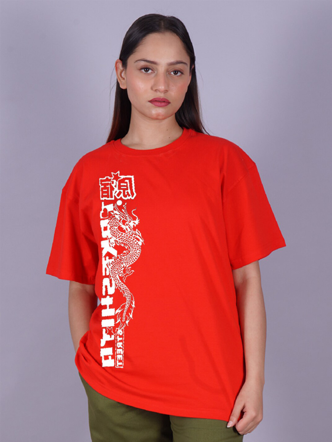 

VYVE Typography Printed Drop-Shoulder Sleeves Longline Oversized T-shirt, Red