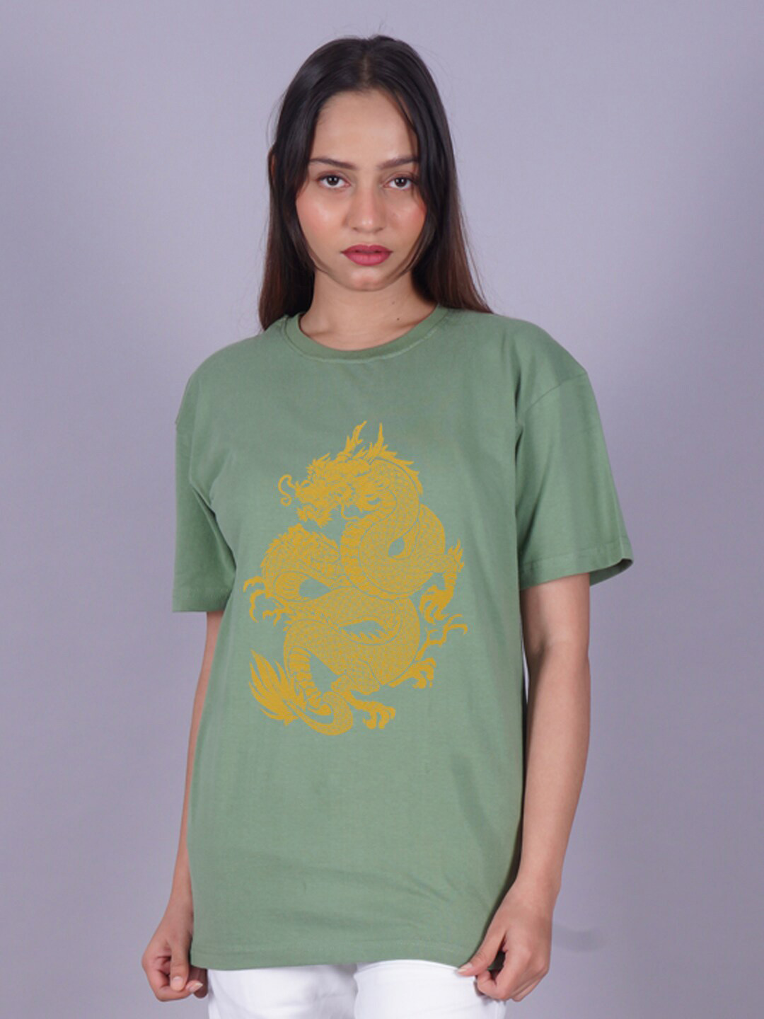

VYVE Graphic Printed Drop-Shoulder Sleeves Longline Oversized T-shirt, Olive