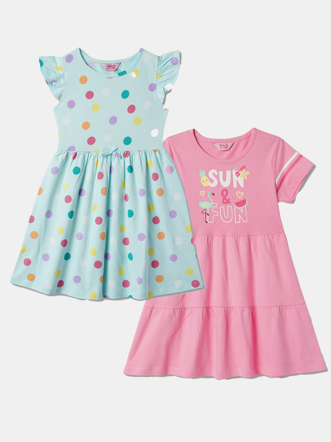 

R&B Girls Pack Of 2 Polka Dots Printed Cotton Fit & Flare Dresses, Blue