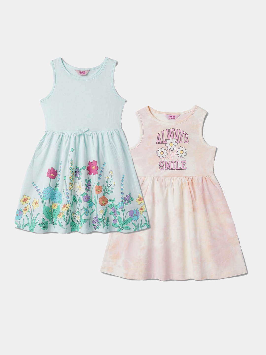 

R&B Girls Pack Of 2 Floral Printed Round Neck Cotton Fit & Flare Dresses, Green