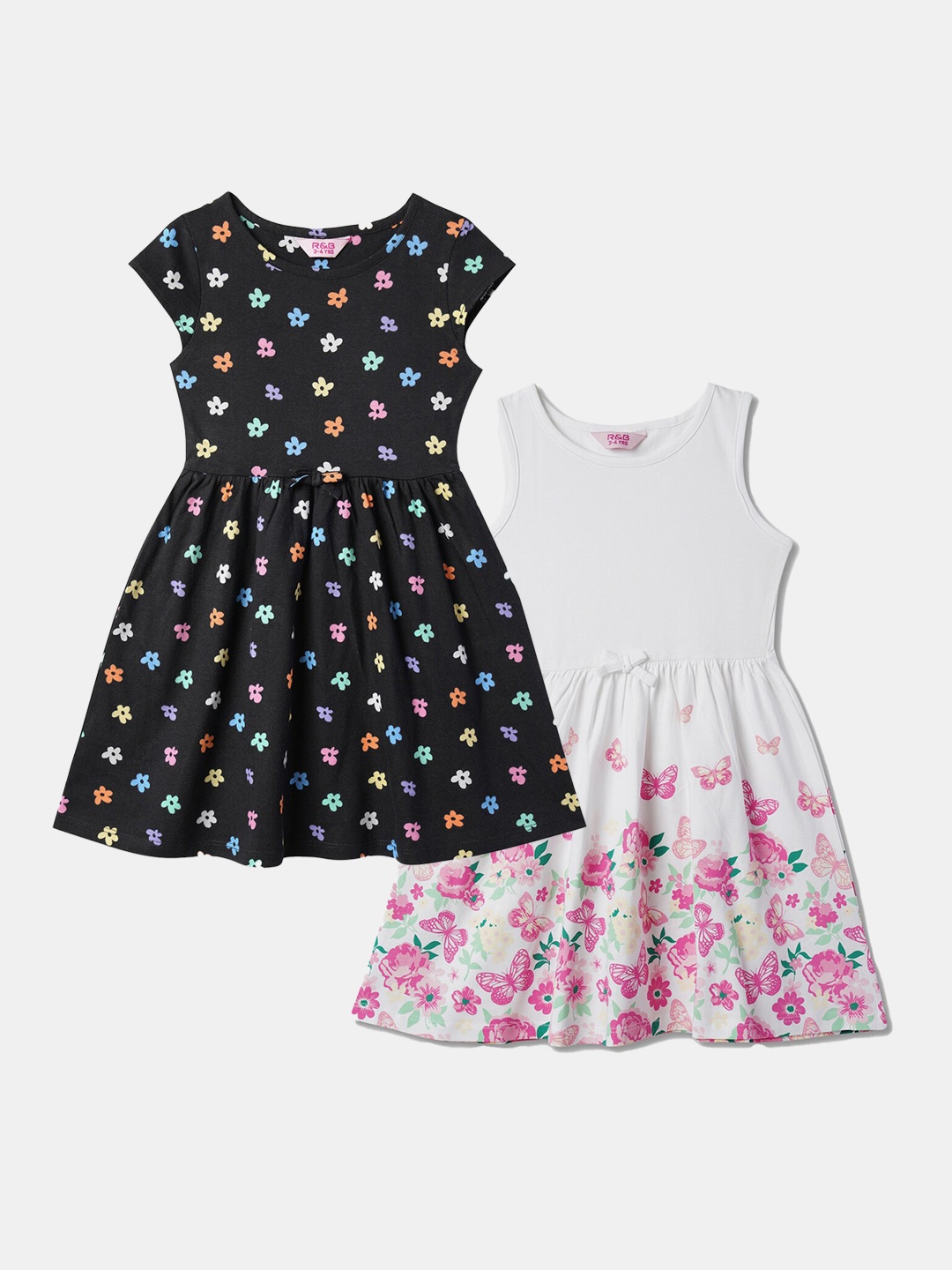 

R&B Girls Pack Of 2 Floral Printed Cotton A-Line Dress, Black