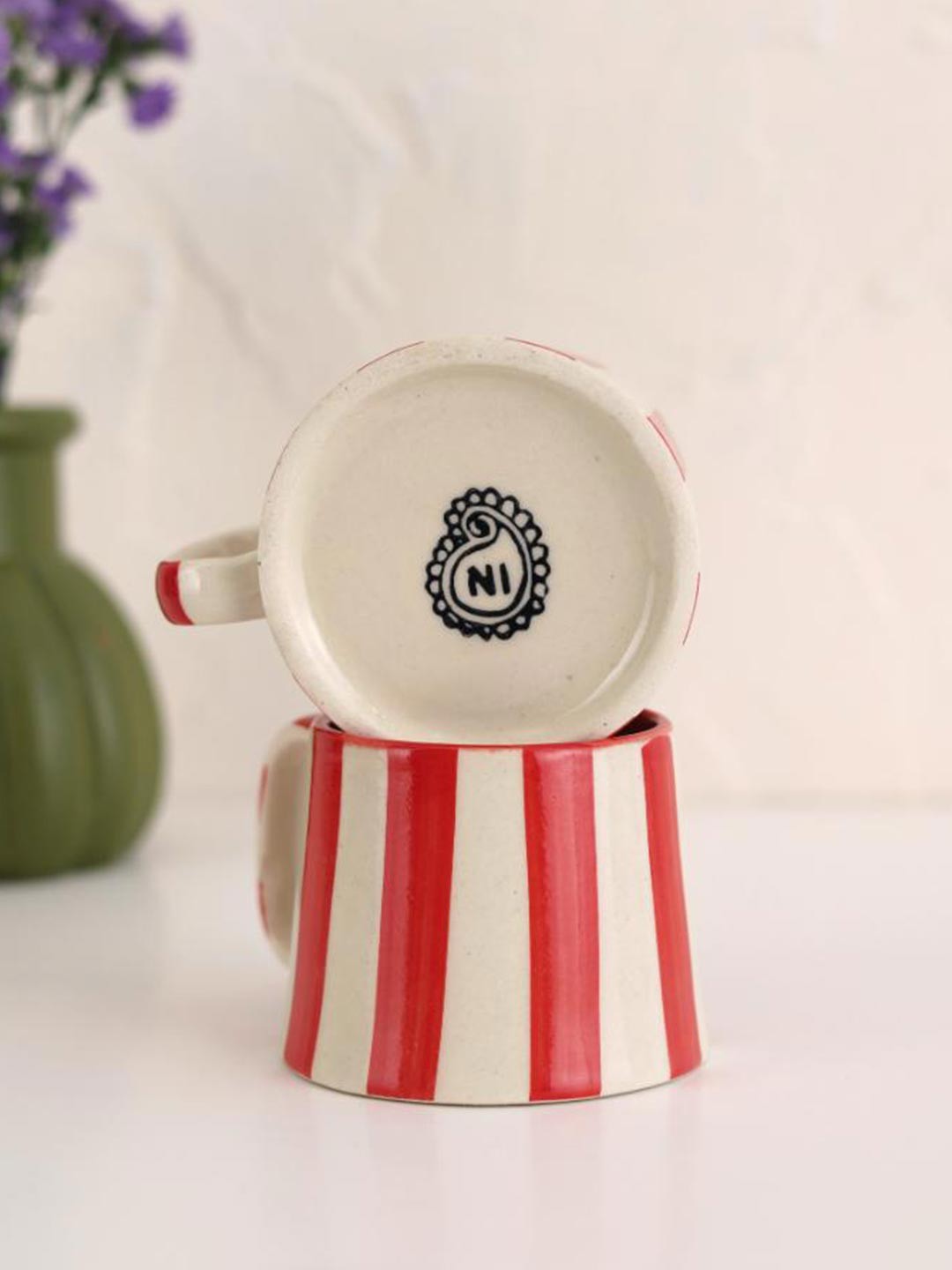 

NURTURE INDIA Red & Off White Vintage Striped Ceramic Glossy Cup 220 ml