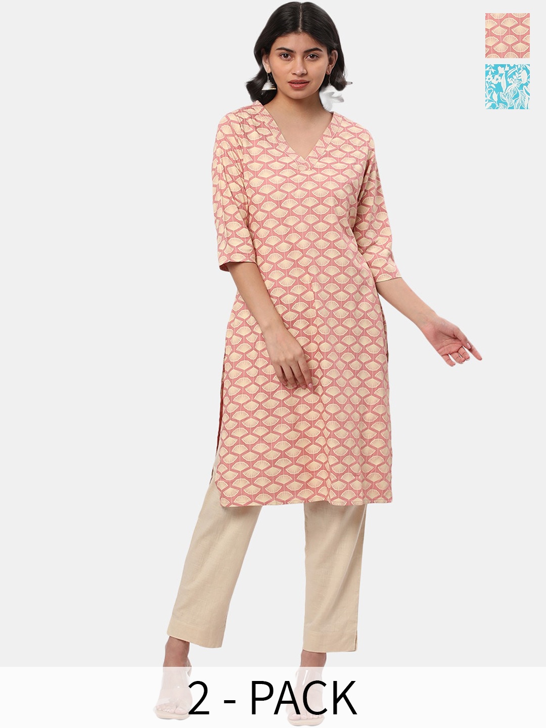 

R&B Pack Of 2 Floral Printed Mandarin Collar Cotton Straight Kurta, Pink