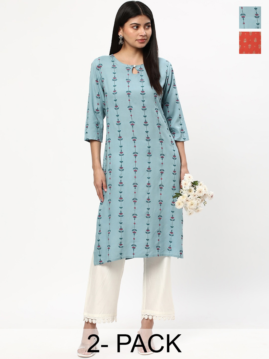 

R&B Selection Of 2 Ethnic Motifs Printed Straight Kurtas, Blue