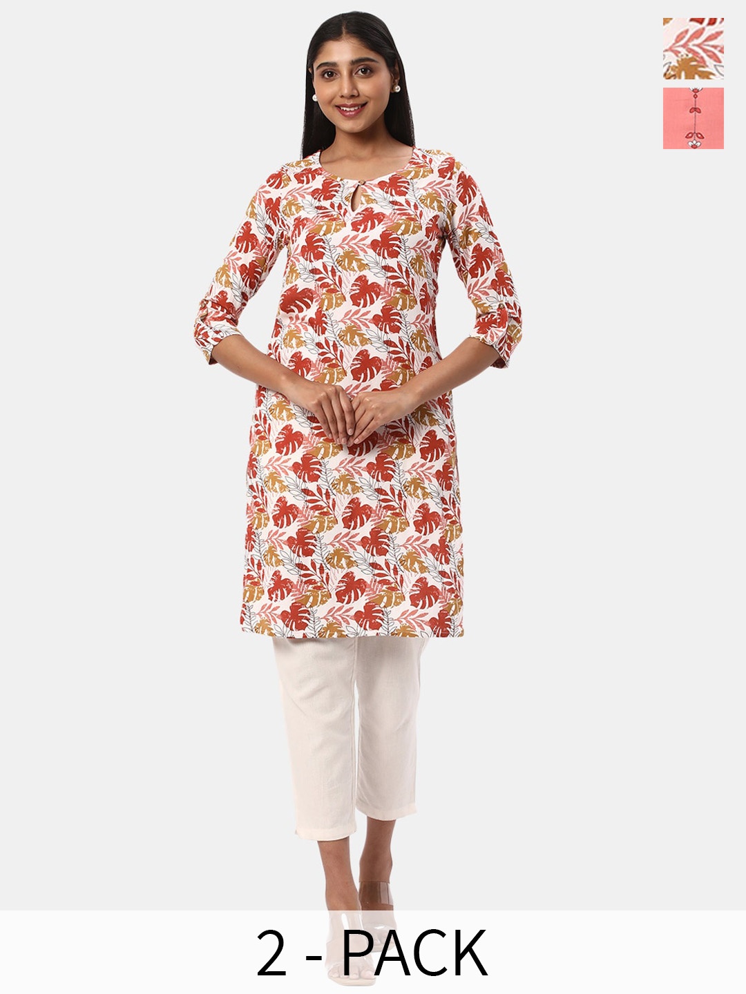 

R&B Selection Of 2 Ethnic Motifs Printed Straight Kurtas, White
