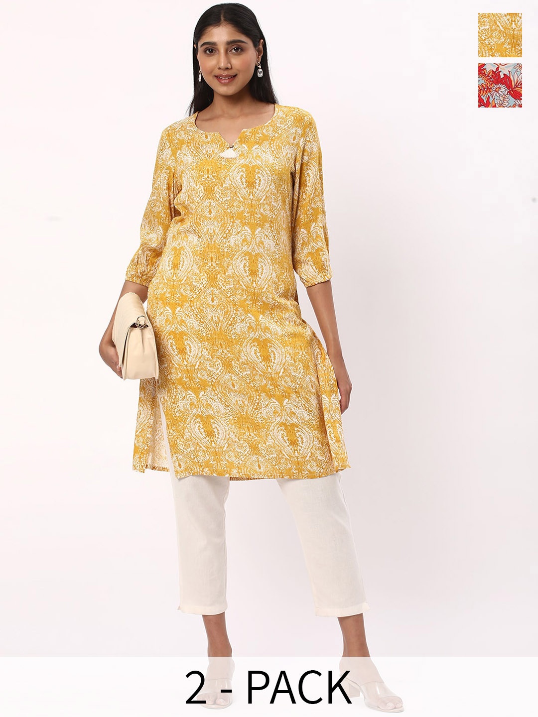 

R&B Selection Of 2 Floral Printed Straight Cotton Kurta, Yellow
