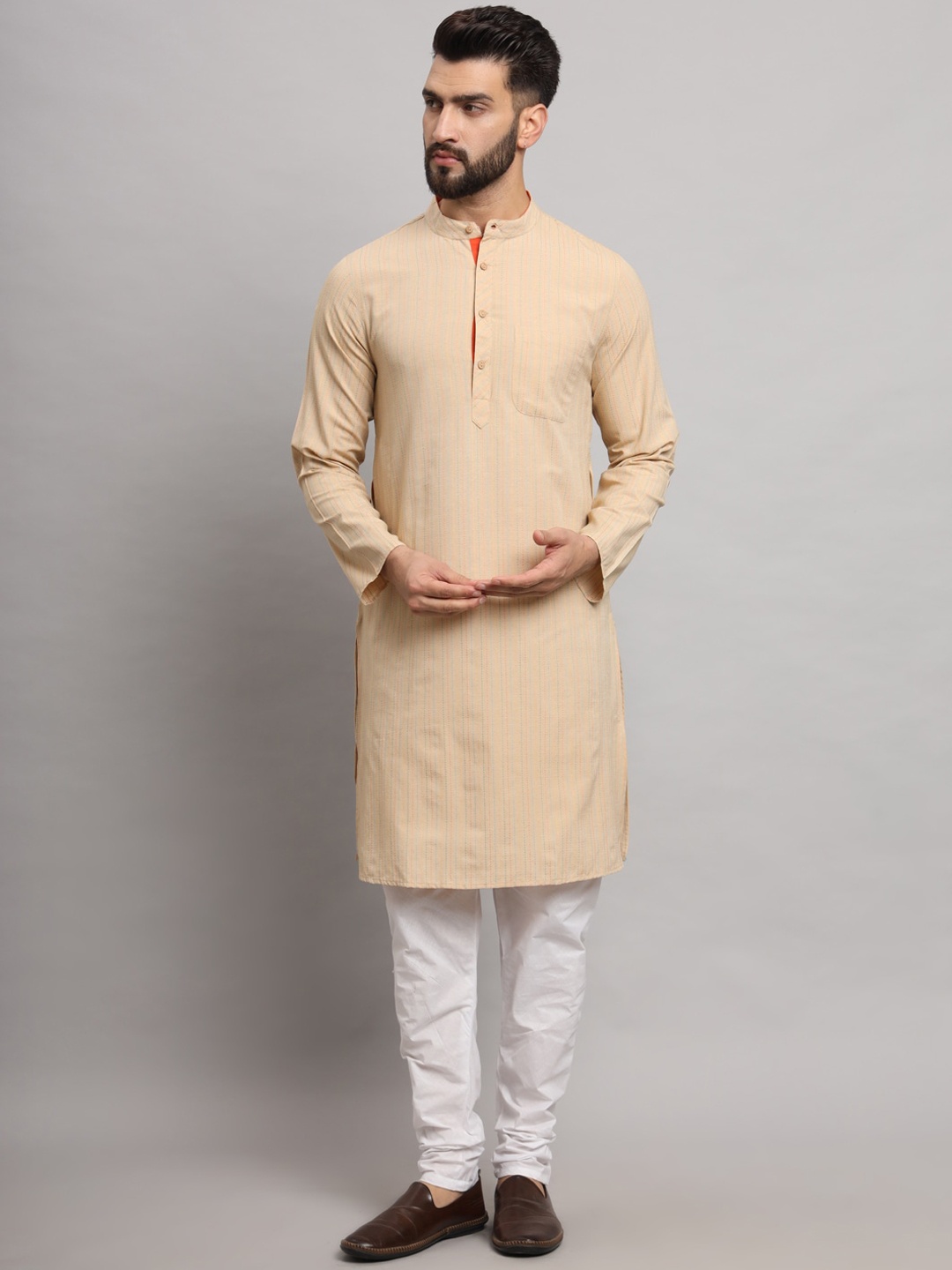

Latest Chikan Garments Striped Straight Kurta, Beige