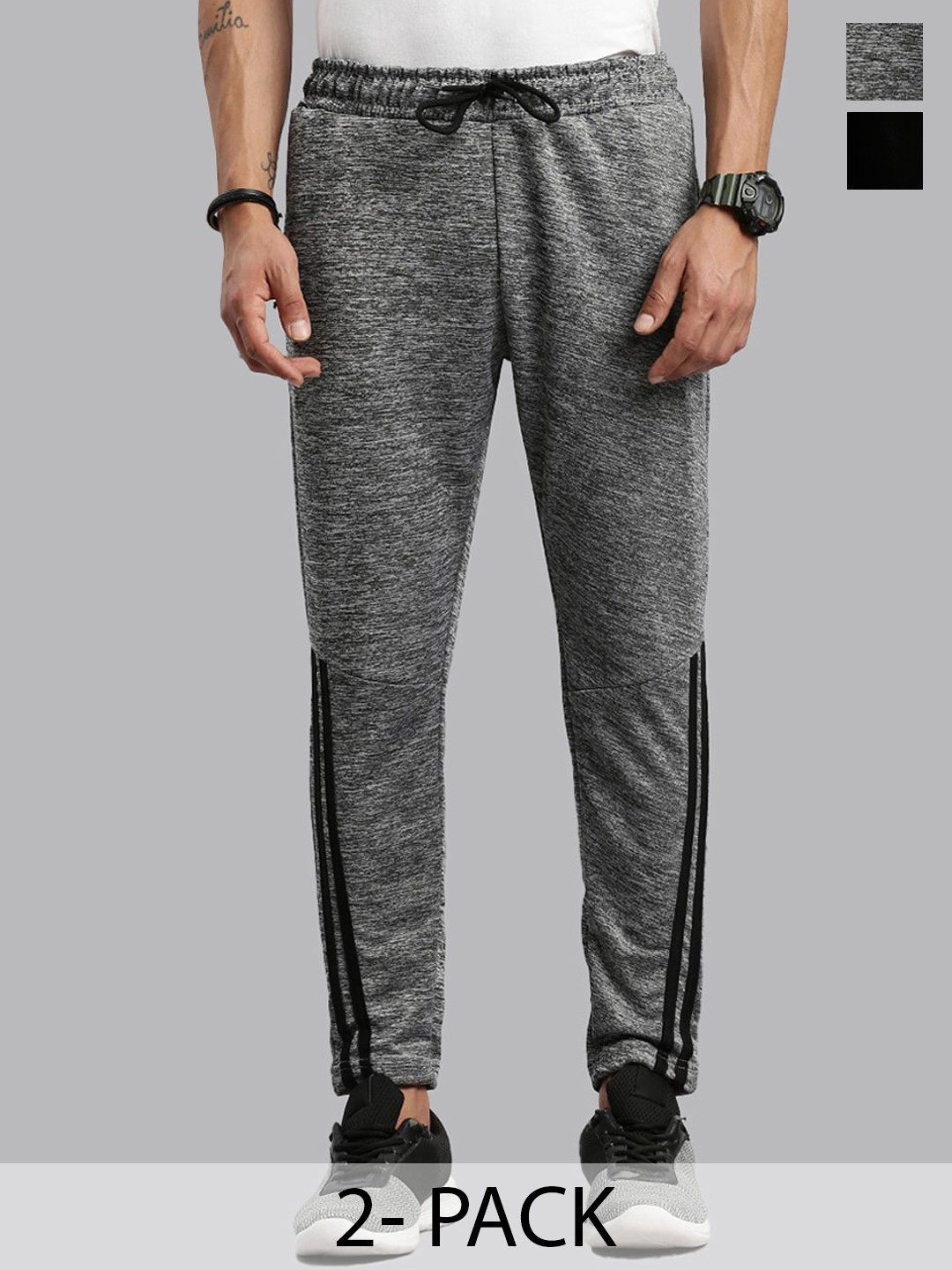 

MADSTO Men Pack Of 2 Slim Fit Mid Rise Sports Track Pants, Black