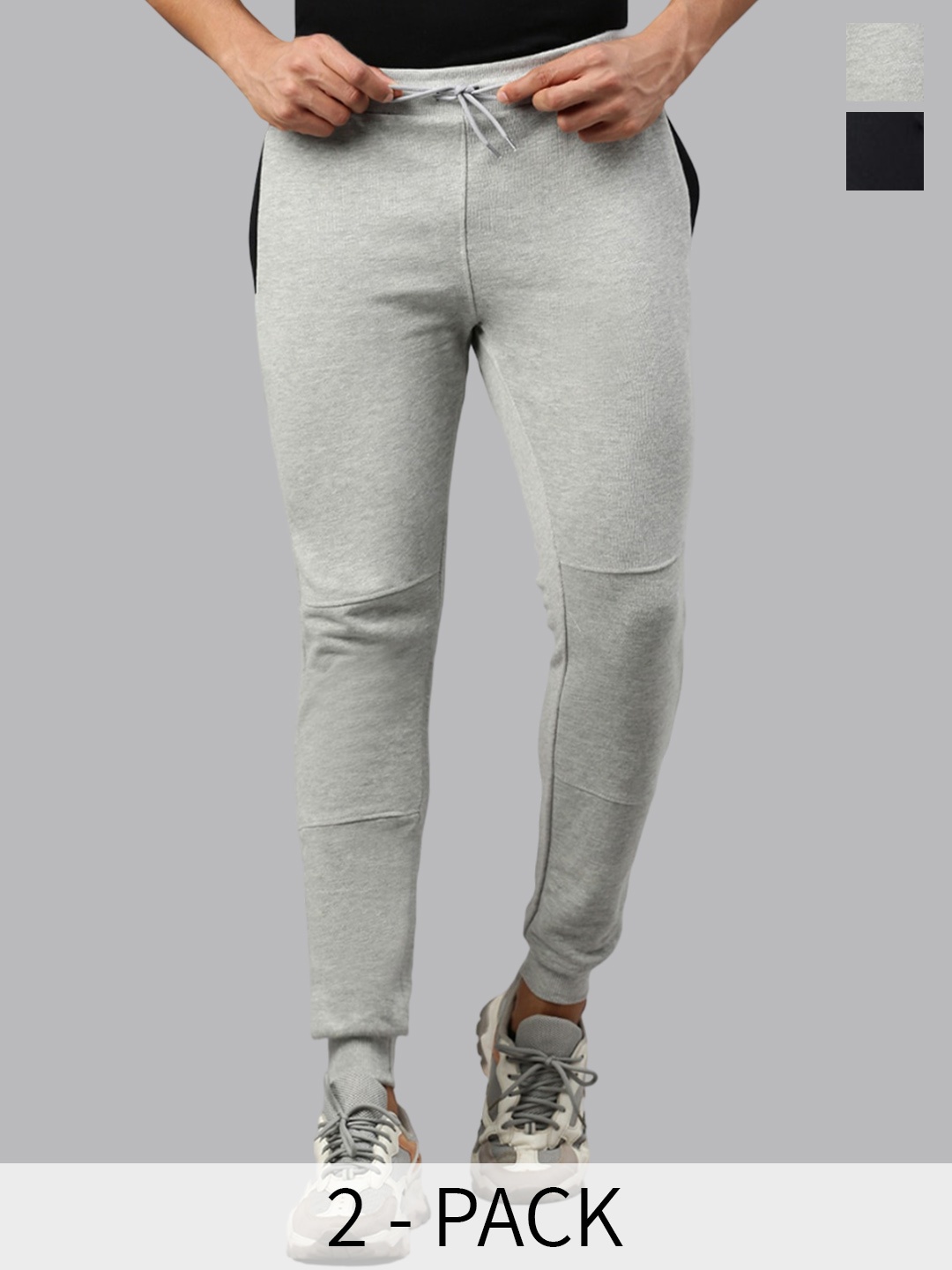 

MADSTO Men Pack Of 2 Cotton Mid Rise Joggers, Black