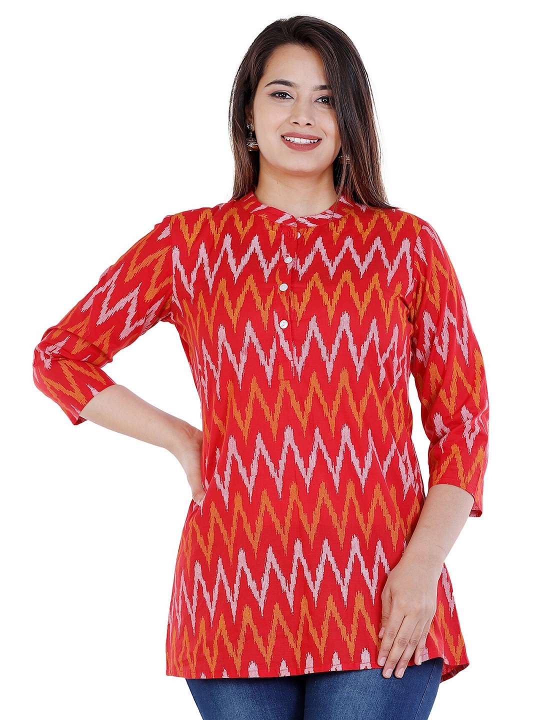 

BAESD Geometric Printed Mandarin Collar Cotton Top, Red