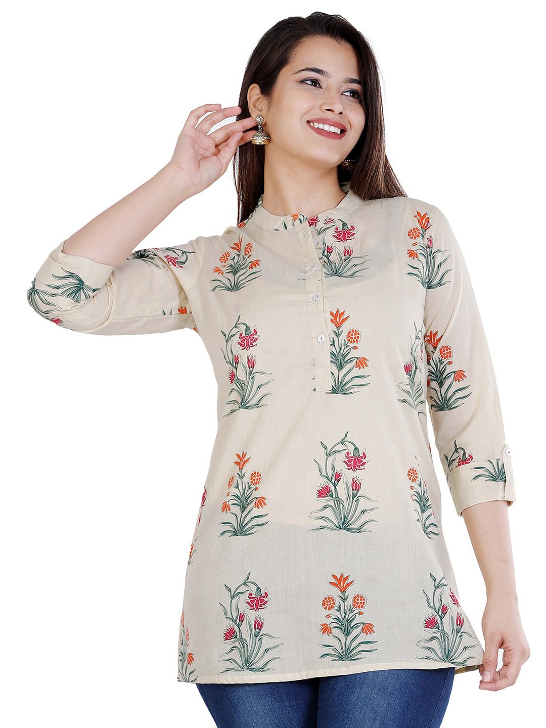 

BAESD Floral Printed Cotton Longline Top, Beige